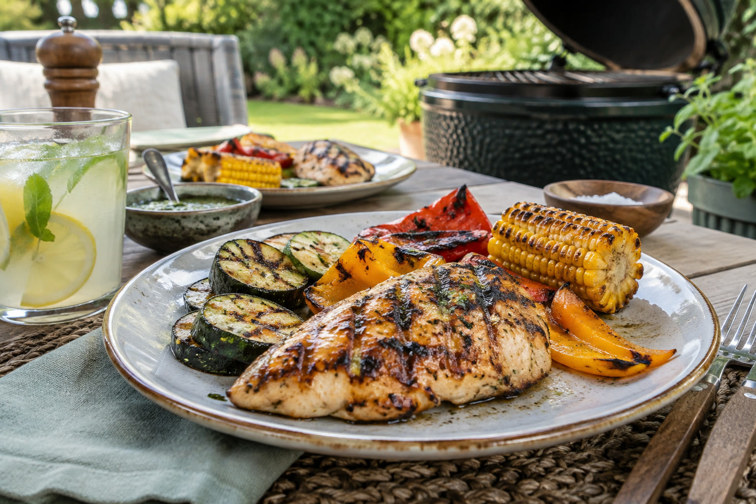 Gegrilde kip met courgette, paprika en maïs bij de kamado in de tuin