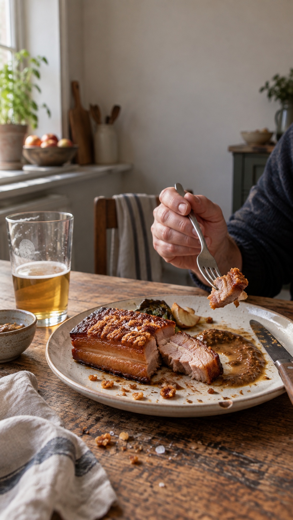 Huiselijke foto van buikspek aan een Vlaamse keukentafel