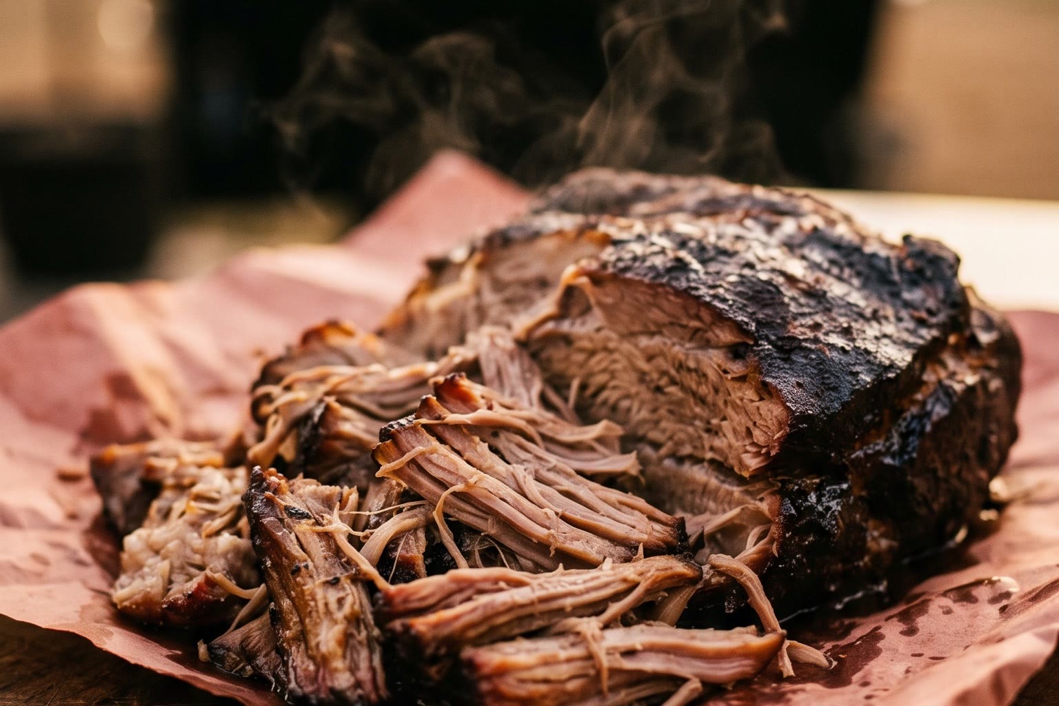 Vers geplukte pulled pork met donkere bark en opstijgende rook