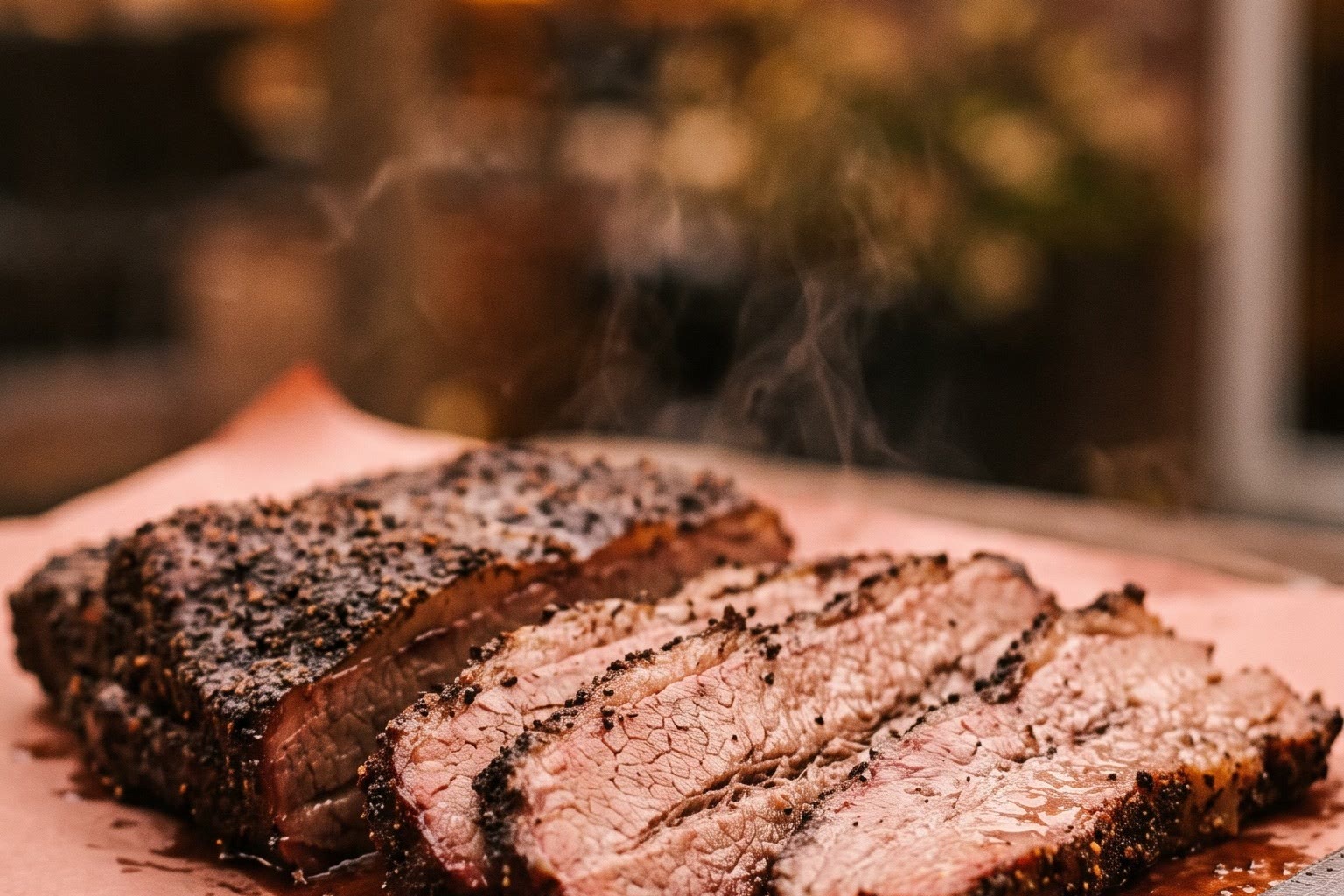 Gesneden brisket met peperkorst en sappige binnenkant op slagerspapier