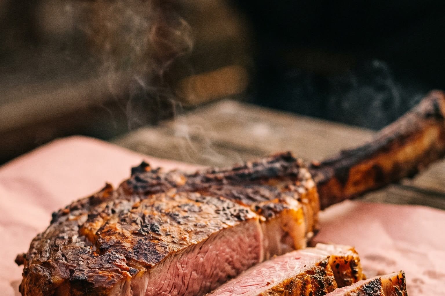 Rosé gesneden tomahawk met gegrilde korst en opstijgende rook