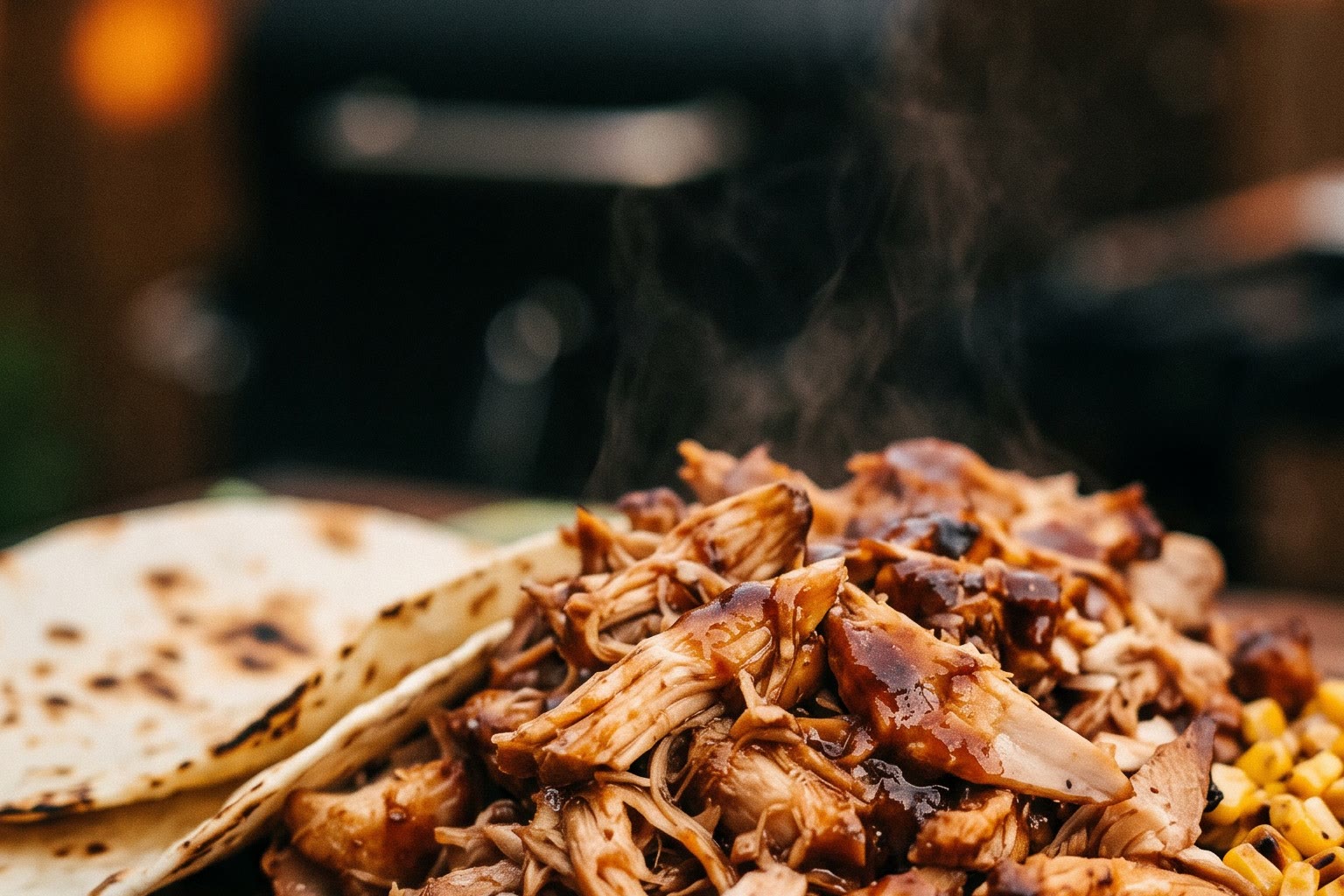 Pulled chicken met barbecuesaus, gegrilde tortilla en maïs voor de kamado